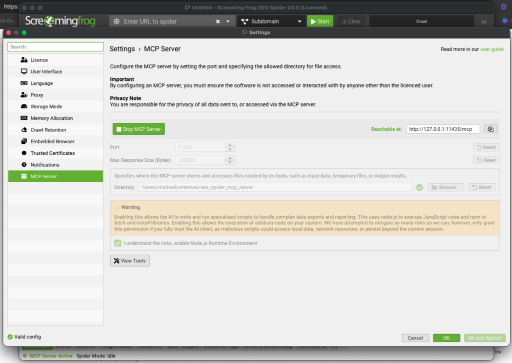 Screaming Frog MCP configuration